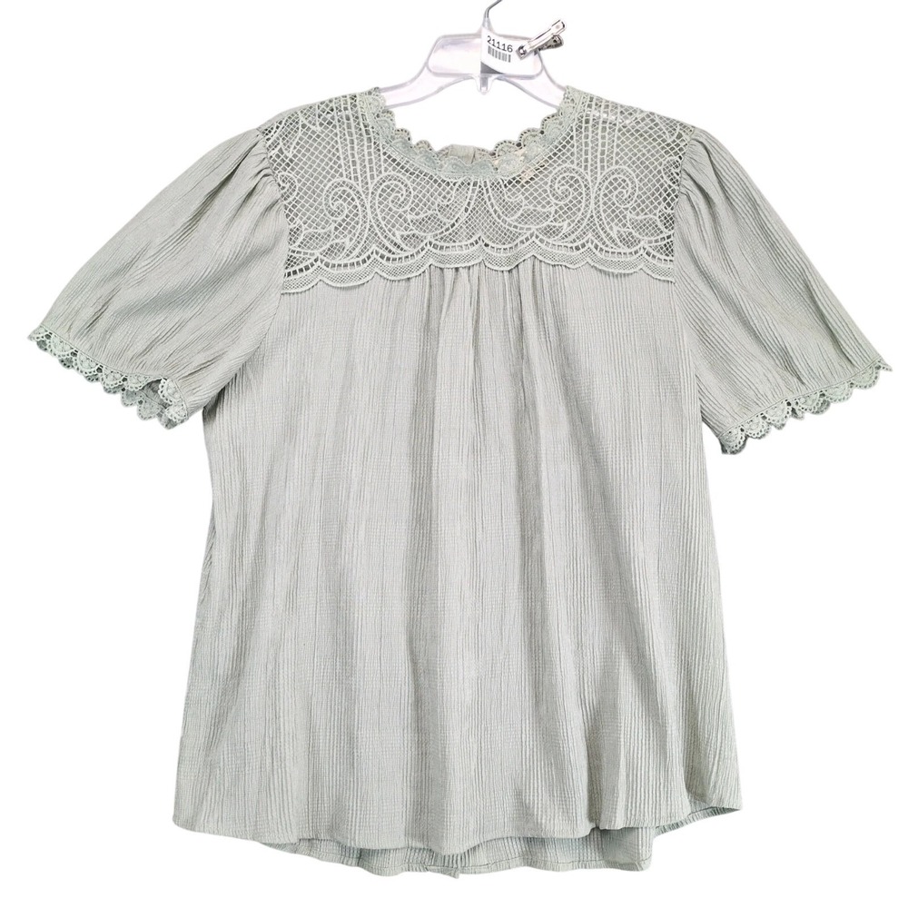 Perch by Blu Pepper Button Back Lace Yoke Blouse Top Plus Size 1XL Sage Green